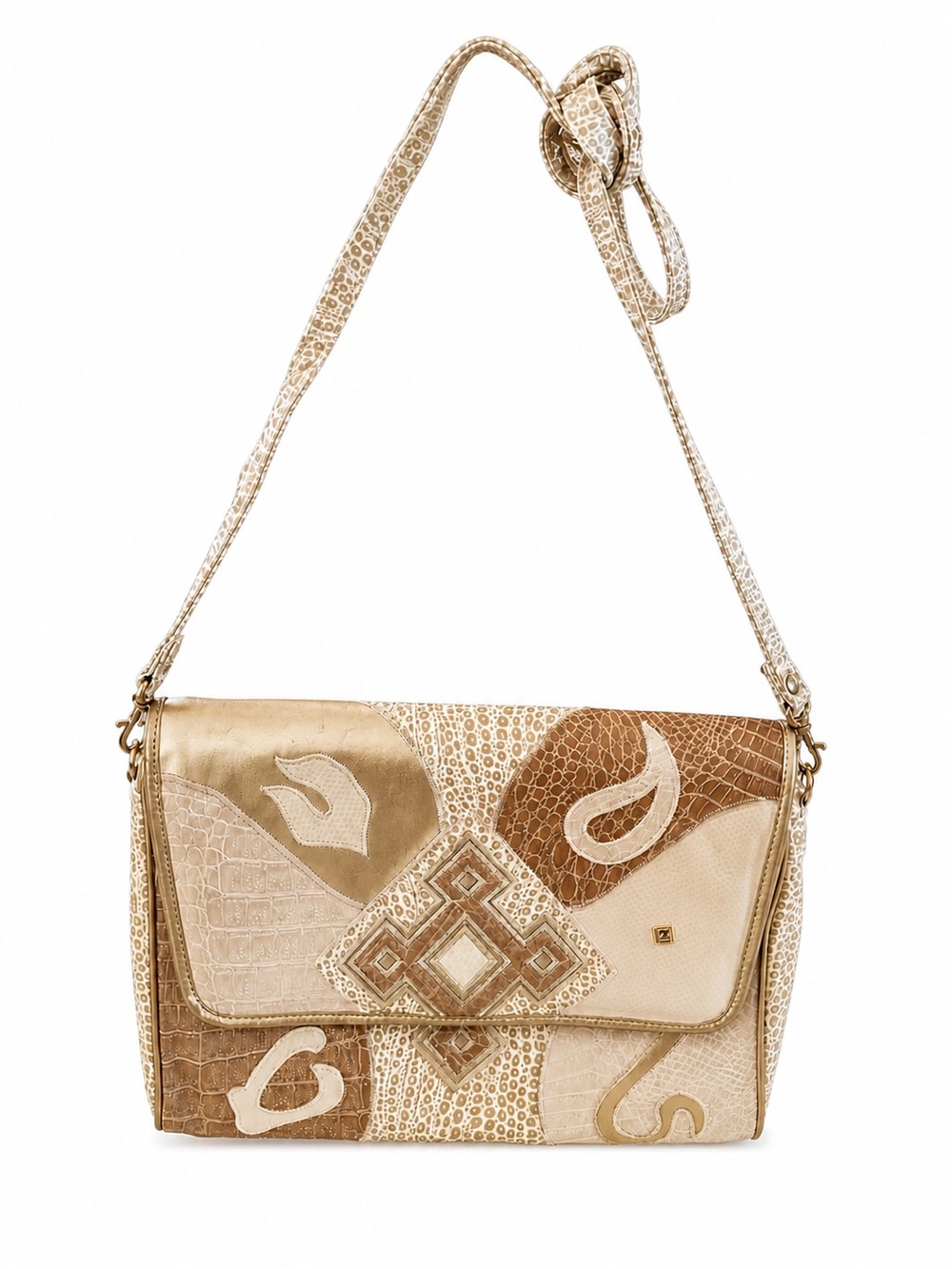 NAS‎ Bag Patchwork Faux Leather Crossbody Bag Neutral Tones Gold Accent